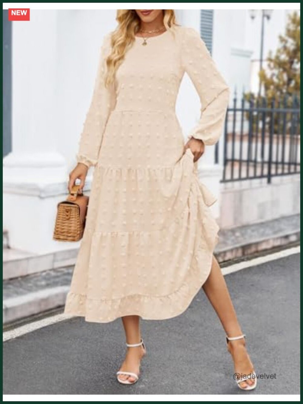 Women's Long Sleeve Swiss Dot Maxi Dress Wedding Guest A-Line Tiered Puff Sleeve - Picture 5 of 6